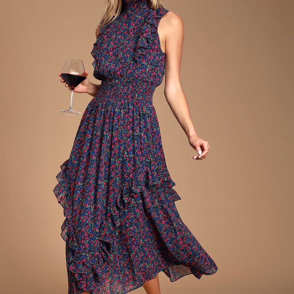 Lulus Floral Print Dress Navy